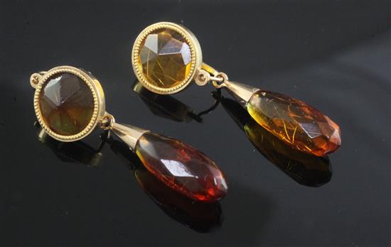 A pair of facetted amber bead drop earrings, 42mm.